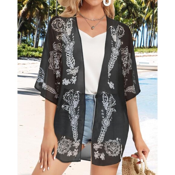 🆕Women Black Floral Kimono Cardigan Beach Cover-up Casual Jacket Polyester - Picture 3 of 6